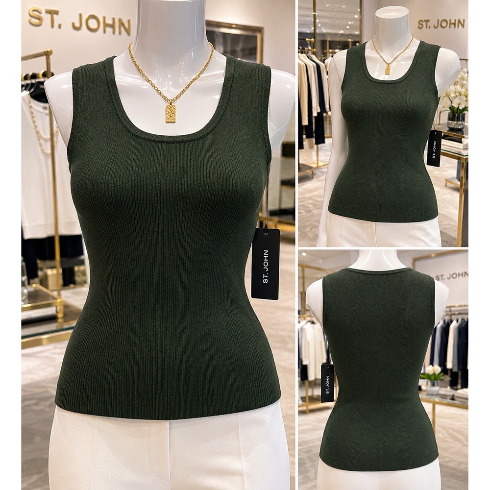 NWT St. John Casual Chic Loden Green Wool Knit Shell Tank, Size P
